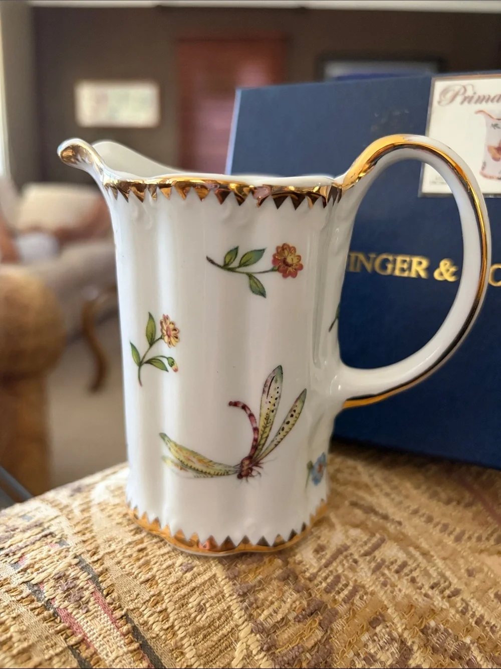 Porcelain Creamer with Gold Trim and Floral Dragonfly Motif by I. GODINGER & CO.